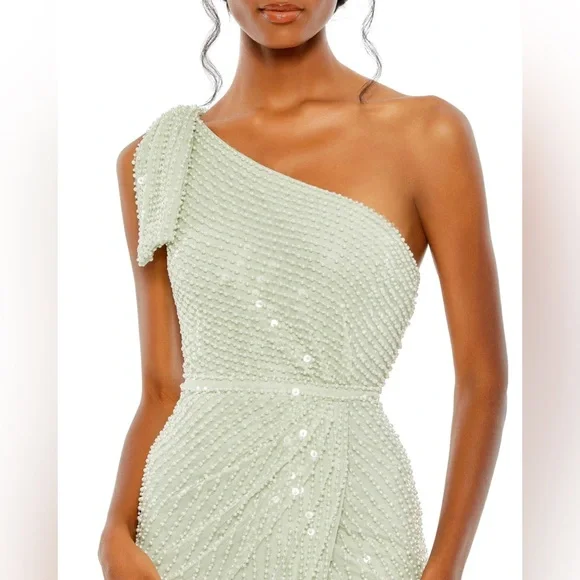 Mac Duggal 93735 Pearl Embellished Soft Tie One Shoulder Gown Size 4 NWT Mint - Picture 2 of 5